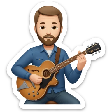 a short hair, with long side beards, middle age metal head with a classic epiphone guitar sticker