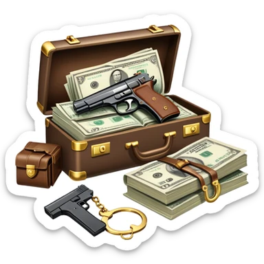 Icon for Action & Crime Reading: an open book, action-packed scenes, featuring a gun, handcuffs, a detective's badge and a briefcase with money. The icon should capture the tension and excitement of crime and action stories. Transparent background. sticker
