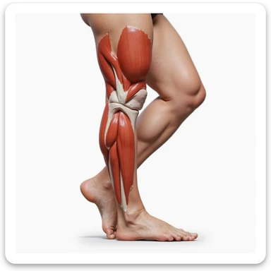 hyperrealistic illustration on white background of a leg with overload: unbalanced posture, all weight on the leg, quadriceps area highlighted, 4K details, variant 6 sticker