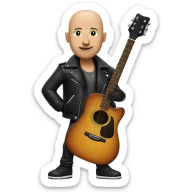 bald musician with guitar indoors and leather jacket sticker