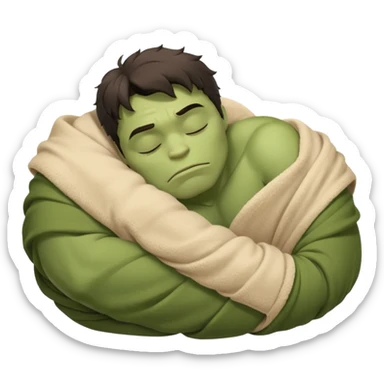Incredible Hulk eyes closed sleeping lying down curled up in a beige blanket up to his neck sticker