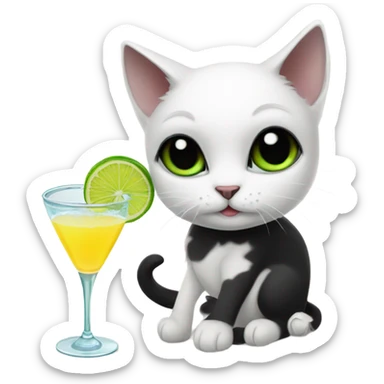 Create a white cat with black ears and a black tail drinking a margarita sticker