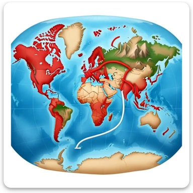 world map with a red travel route line showing a journey across continents sticker