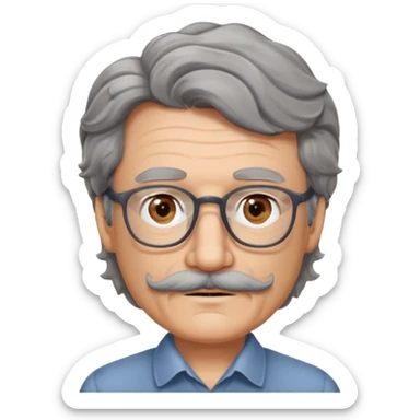 Generate a portrait of a slightly older man with glasses. His hair is quite thin, gray, but wavy. He has brown eyes and a mustache. sticker
