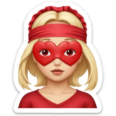 Blonde girl, blind folded, hearts sticker