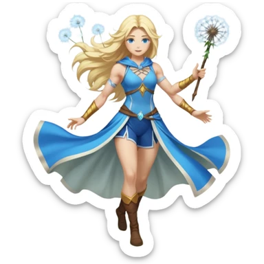 full body woman long blonde hair blue eyes white skin muscular build dandelion wind summoner sticker