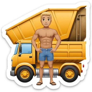 Man with denim speedo standing in front of a dump truck  sticker