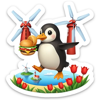 cartoon penguin munching a burger, flying over a landscape with tulips and windmills sticker