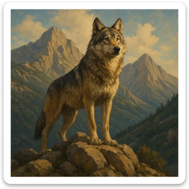 a majestic wolf standing on a rocky peak inspired by the Taygetos mountains, wild and noble expression, natural colors, detailed fur, hint of Greek wilderness sticker