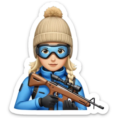 An icon showing a snowy landscape with pine trees, mountains, and a clear sky with a biathlete aiming a rifle in the foreground, wearing winter gear and skis. Transparent background emphasizes the precision, endurance, and beauty of this winter sport. sticker