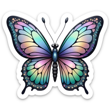 Pastel sparkly black glittery iridescent rainbow transparent butterfly with detailed intricate patterns sticker