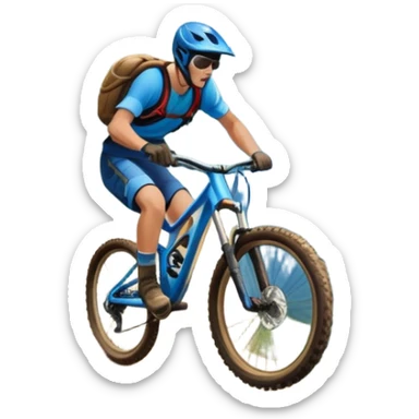 A thrilling downhill mountain biking scene! A rider in full gear speeds down a steep rocky trail, kicking up dust. The rugged mountain landscape surrounds them, with towering peaks, evergreen trees, and a bright blue sky. The rush of adventure is in the air. Transparent background. sticker
