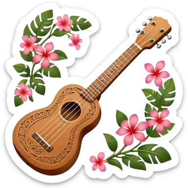 Ukulele with Polynesian carvings with flowers behind it sticker