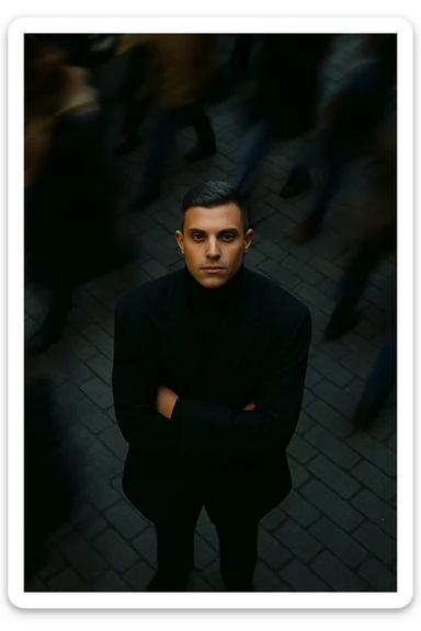overhead shot of me standing still on a brick city sidewalk, wearing a dark oversized blazer,
motion-blurred crowd rushes past around me. Moody lighting, 35mm film look, shallow depth of field, sharp focus on me. sticker