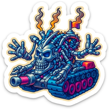 Edit the skull robot tank to have 4 distinct arms, all metal parts shiny silver with some non-metal elements featuring vibrant color accents. Maintain the retro stickers style with a clean outline and transparent background. sticker