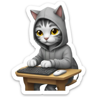 cat is a graphic designer in a hoodie and headphones, working at a computer in photoshop sticker