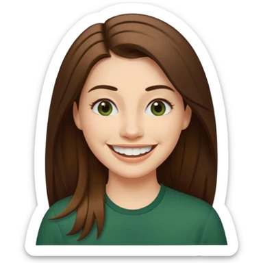 30 yr Caucasian woman long brown straight hair parted on side dark green shirt big smile white teeth sticker