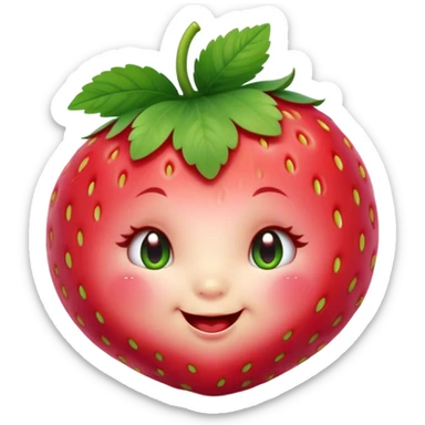 Cinematic plump happy strawberry, glossy bright red, tiny round eyes and blushing cheeks, green leafy top slightly tilted, cheerful and charming. sticker