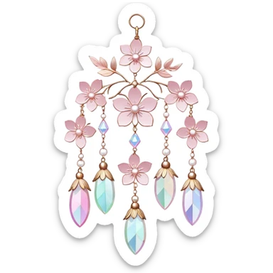 Hanging Iridescent pastel pink sakura crystals white-pearly suncatcher with bells and feathers sticker