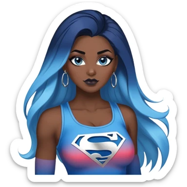 body with long legs-very very very large chest with clevage-sexy face-black leggings-puma hightops-very long very straight dark blue to light blue ombre hair-and-blue eyes-thick black eyeliner-thick long eyelashes-sky blue lowcut tanktop with glitter superman logo-silver hoop earrings sticker