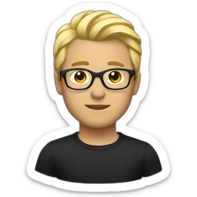 man with blonde hair, brown brows and glasses and black tshirt sticker