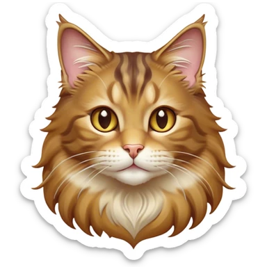 Cinematic Cute Maine Coon Cat Portrait Emoji, Head tilted playfully and inquisitively, sleek brown, gold, and cream tones, Simplified yet adorable features, highly detailed, glowing with a warm, friendly glow, high shine, curious and affectionate, stylized with a touch of whimsy, bright and alert, soft glowing outline, capturing the essence of a mischievous yet loving kitten, so endearing it feels like it could pounce out of the screen and play with its fluffy tail swishing! sticker