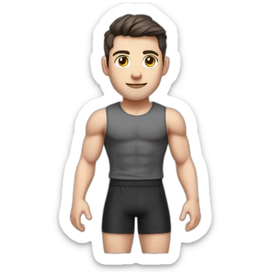 Pale skinned Fit Man With the biceps and dark brown hair in black shirt, gray sports shorts and white Sneakers Touches the back of the head sticker