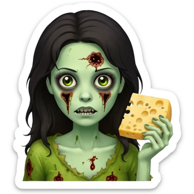 dark haired woman zombie holding moldy cheese piece sticker