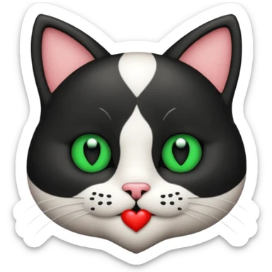 Emoji de un gato blanco y negro con ojos verdes, mandando un beso de corazón  sticker
