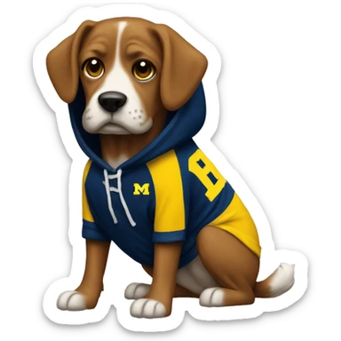 Dog wearing Michigan football hoodie sticker