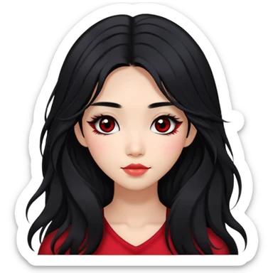 Asian girl with very long shaggy black hair, big black eyes. middle part hair. long lower lashes, cheekbones with red blush. big dimples. simple dark makeup.  sticker