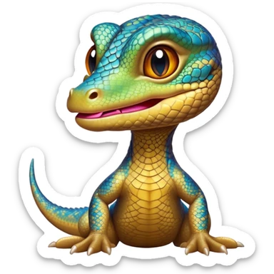 Cinematic Cute Monitor Lizard Portrait Emoji, Head tilted playfully and inquisitively, with a sleek, patterned body accented by vibrant hues and round, sparkling eyes full of wonder, Simplified yet irresistibly adorable features, highly detailed, glowing with a warm, friendly glow, high shine, affectionate and lively, stylized with a touch of exotic charm, bright and endearing, soft glowing outline, capturing the essence of a mischievous yet captivating lizard that seems as if it could scuttle out of the screen into your arms! sticker