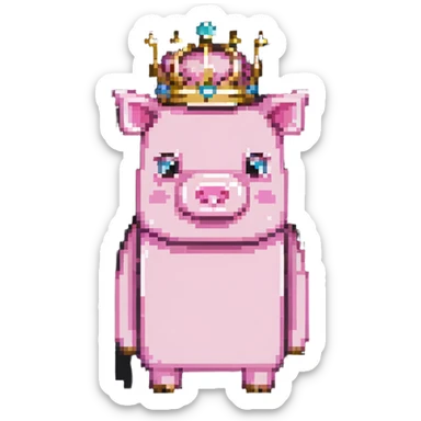full body pink blocky pig with square head and square body wearing a crown sticker