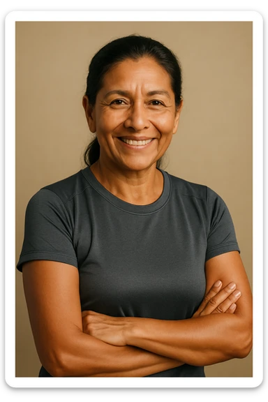 Portrait of a mature Peruvian woman, dark hair tied back, wheat-colored skin, warm smile, lead-colored sportswear, conveys energy and health, designed for a supplement brand targeting Peruvian adults. sticker
