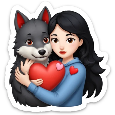 Black hair white skin girl hugging a big wolf with hearts above them sticker