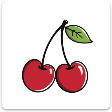 Hand-drawn pair of crimson red cherries with stem and leaves sticker