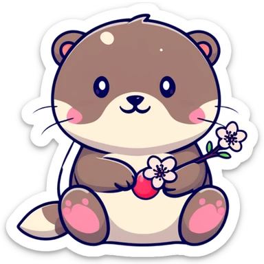 cute otter holding a cherry blossom flower sticker