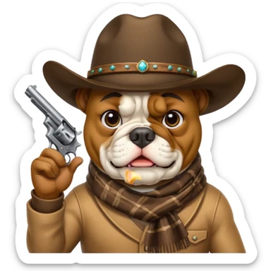 A bulldog wearing a cowboy hat, covering his mouth with a scarf so he wouldn't be recognized, pointing a revolver at you, telling you to hand over your money. sticker