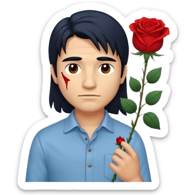 A man with a Yakut scar walks along one eye, one eye is brown and the other is light brown, he is wearing a shirt and pants, his hair is a little long, there is a small scar on his face and he is holding a rose in his hand. sticker