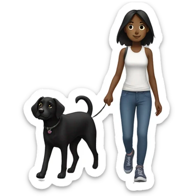 Girl walk with a black dog with white Chest sticker