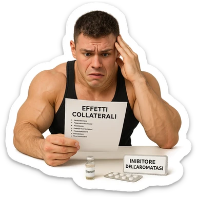 beginner bodybuilder consulting list of side effects written in Italian, vial labeled 'Testosterone' and blister pack labeled 'Inibitore dell'aromatasi' on table, anxious expression, swollen muscles, white background, 4K quality sticker