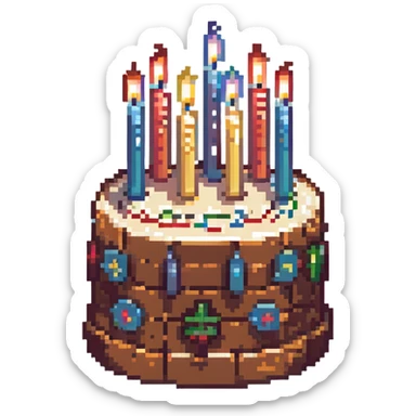 animated birthday cake, pixel art style, flickering candles, retro video game look sticker