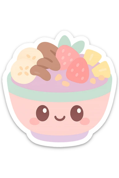 acai bowl topped with banana, strawberries, Nutella, pineapple, and granola, cute face on bowl, colorful and cheerful sticker