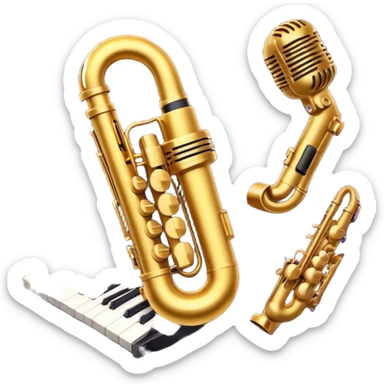 Create a vibrant and expressive emoji representing jazz vocal performance. The design should feature a vintage microphone at the center, surrounded by musical notes and soundwaves flowing outward, symbolizing the vocal improvisation and fluidity of jazz. Include key instruments often associated with jazz vocals, such as a jazz piano (stylized black keys) in the background and a saxophone or trumpet, giving it a true jazz vibe. Add soft lighting effects to evoke the intimate, atmospheric feel of a jazz club. Use rich colors like gold, black, deep purple, and red to reflect the soulful, smooth nature of jazz. The background should be transparent. sticker