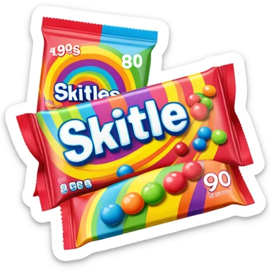 A 90s American Skittles candy package with bold colors, retro design elements, original 90s packaging with bright rainbow colors sticker