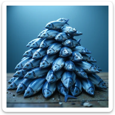 large, realistic pile of blue fish, loosely pyramid-shaped, not a perfect triangle, photorealistic style, variation 2 sticker