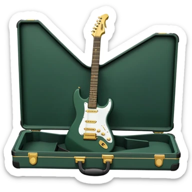 minimalist electric guitar in dark green, closed inside a black rectangular hard case with gold latches, soft matte textures, simplified details, ready-to-play symbol sticker