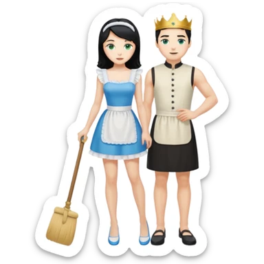 King, black hair, body, legst, blue eyes, shoes, maid blonde hair, green eyes, sexy short sleveless White dress, shoes sticker
