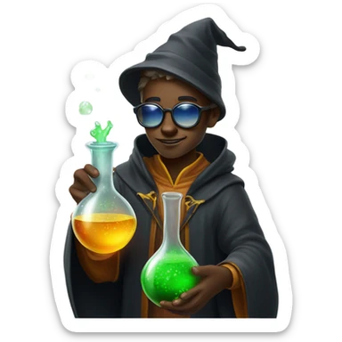 Young wizard mixing potions while wearing sunglasses sticker