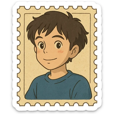 boy with slightly wavy hair designed as a letter stamp sticker
